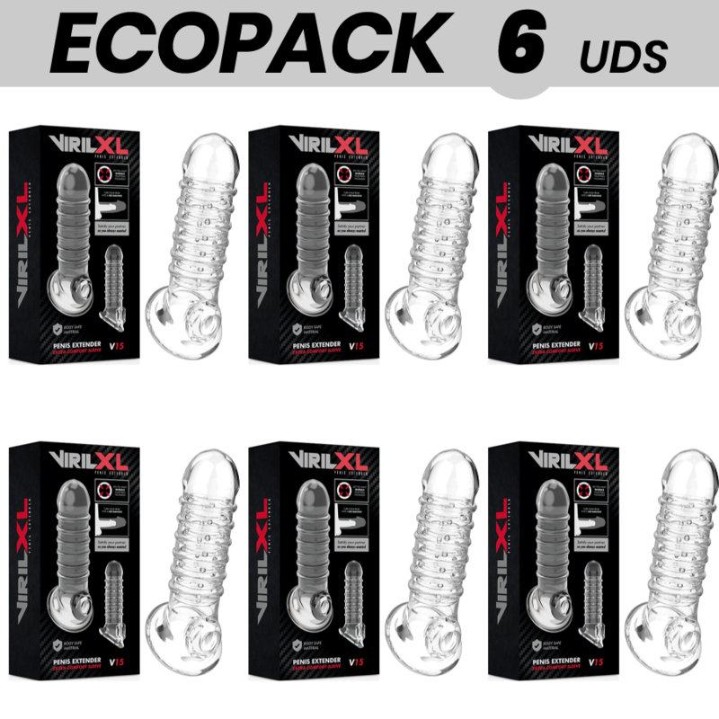 ECOPACK 6 UDS - VIRILXL EXTENSION Y FUNDA DE PENE V15 TRANSPARENTE