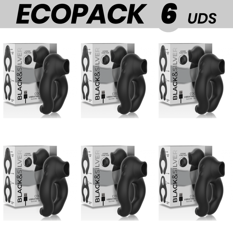 ECOPACK 6 UDS - BLACKSILVER ANILLO VIBRADOR SILICONA 3 MOTORES RECARGABLE NEGRO