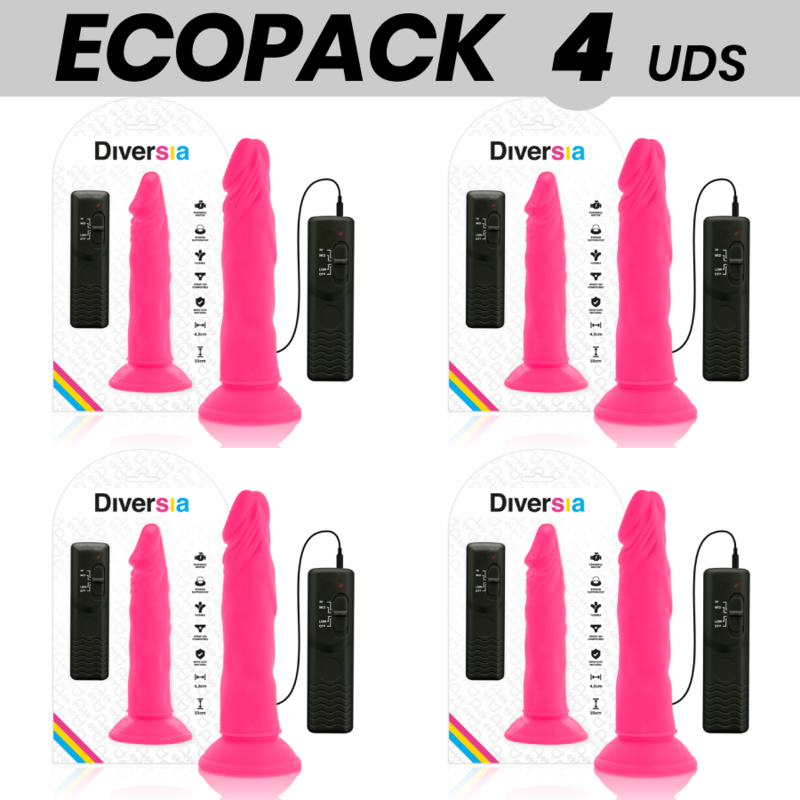 ECOPACK 6 UDS - DIVERSIA DILDO FLEXIBLE CON VIBRACION ROSA 23 CM -O- 4.3 CM