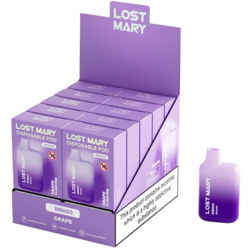 LOST MARY - (PACK PROFESIONAL EXPOSITOR - 10 UNIDADES) BM600 VAPER NICOTINA 2% DESECHABLE SABOR UVA