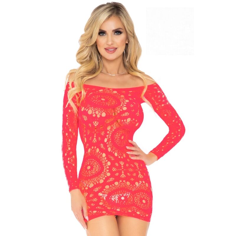 LEG AVENUE - MINI VESTIDO DE ENCAJES MANGA LARGA ROJO TALLA ÚNICA
